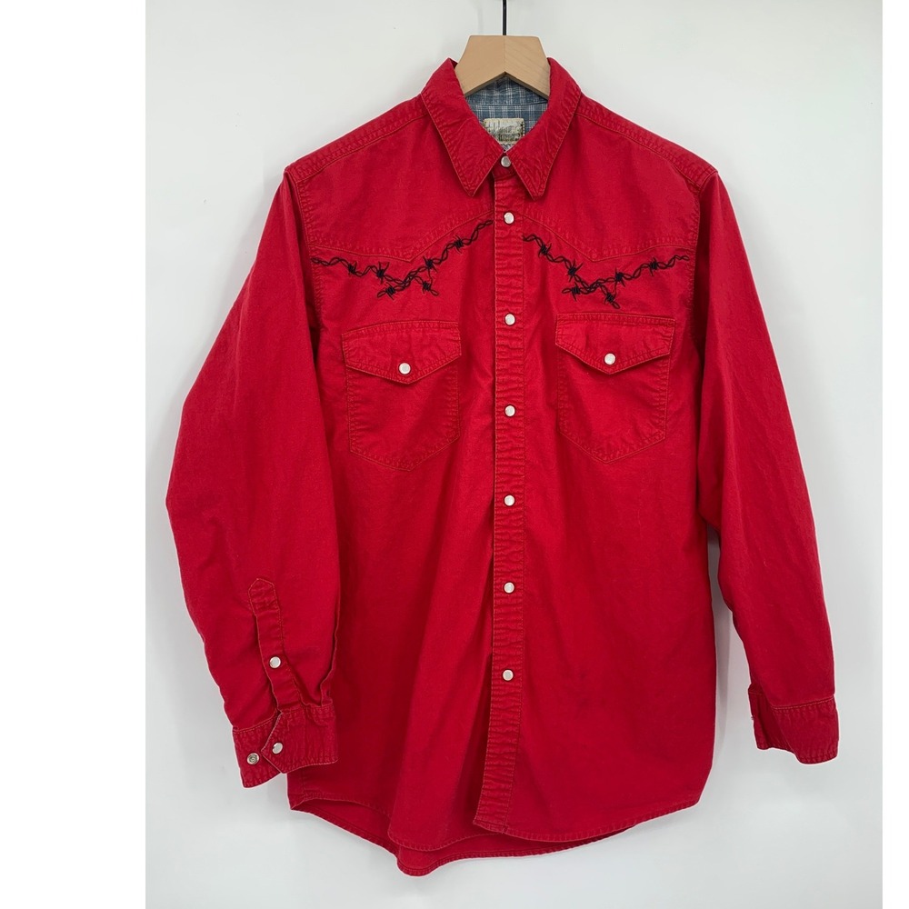 Vintage Express Rider Shirt Mens Medium Red Barbed Wire Embroidery Pearl Snap